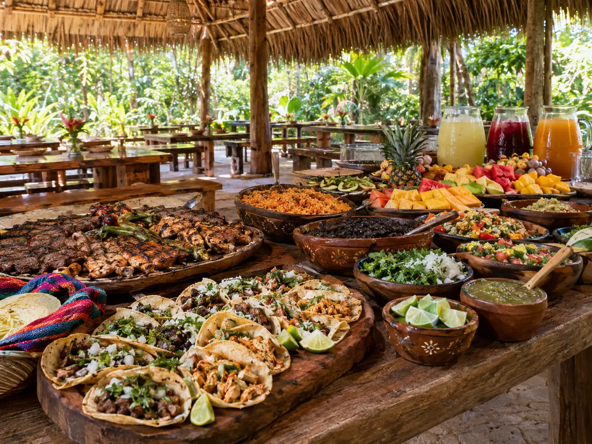 Buffet mexicain sous une palapa en chaume dans la jungle