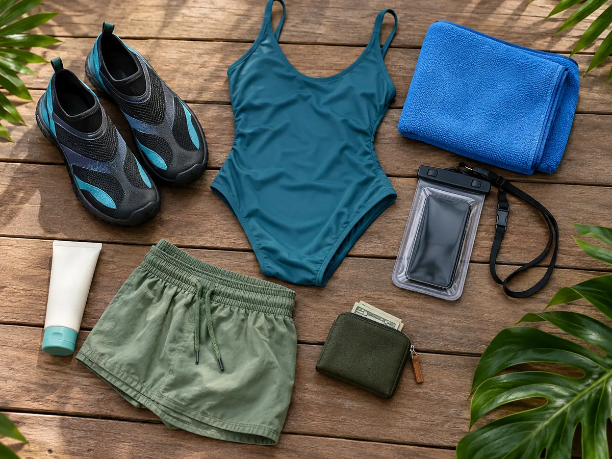 Chaussures aquatiques, maillot de bain, serviette, pochette étanche et crème solaire disposés sur une terrasse en bois